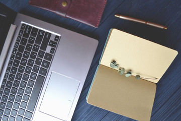 Laptop, notebook with branch of eucalyptus, pen and wallet on the wooden deck. Beautiful workplace.