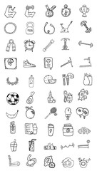 set of 50 icons, healthy lifestyle,  fitness equipment, workout in the gym, healthy food, vector image, doodles style