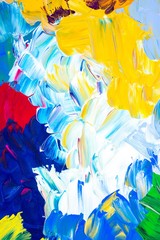 Hintergrund in Blau-Rot-Weiß-Gelb-Grün, Farbtextur, Leinwand, Gouache-Farbe, Gemälde, abstrakte...