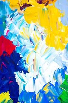 Hintergrund in Blau-Rot-Weiß-Gelb-Grün, Farbtextur, Leinwand, Gouache-Farbe, Gemälde, abstrakte Kunst 
