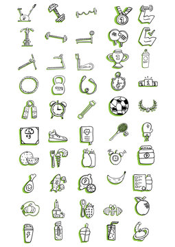 set of 50 icons, healthy lifestyle,  fitness equipment, workout in the gym, healthy food, vector image, doodles style