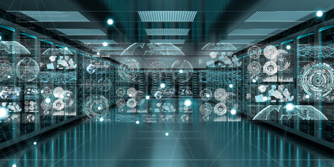 Graph holograms flying over server room data center 3D rendering