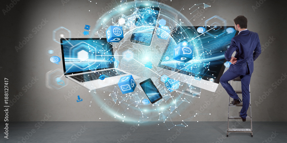 Aufkleber Tech devices connected to each other by businessman 3D rendering