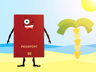 Red passport on a hand drawn beach with palm tree. Summer travel concept. © Paopano