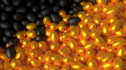A lot of scattered black and gold eggs. 3d illustration
