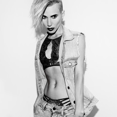 Tomboy Girl in sexy fashion lace underwear and jeans style