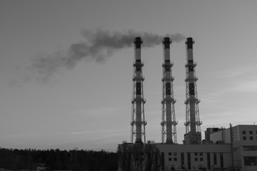 Industrial view - Thermal power station with pipes in the city near the forest. From the chimneys smoke into the sky.  ecology concept