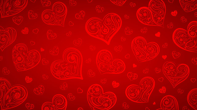 Background of big and small hearts with ornament of curls, flowers and leaves, in red colors