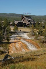 Built in 1903 from logs and local stone, in the geyser basin at Yellowstone National Park