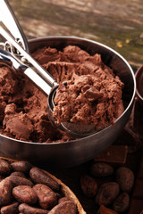Chocolate ice cream scoop, scooped with a ice spoon