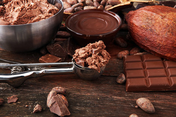 Chocolate ice cream scoop, scooped with a ice spoon