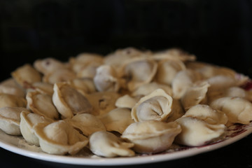 dumpling closeup on a plate on a black background
