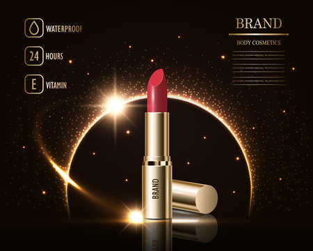 Cosmetics beauty series, ads of premium female lipstick for skin care. Template for design poster, placard, presentation, banners, cover, vector illustration.