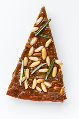 One slice of Castagnaccio (chestnut cake, Tuscany, Italy)