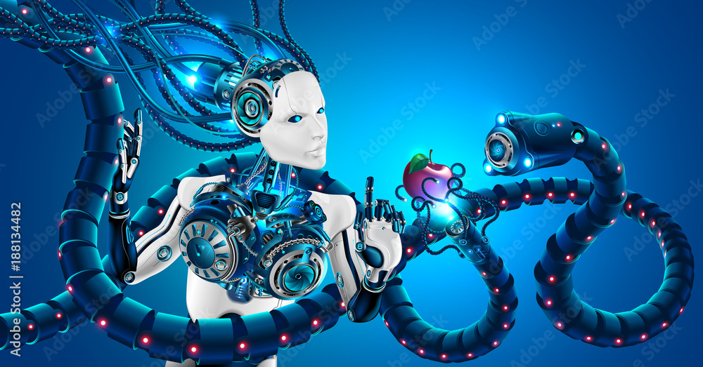 Aufkleber Beautiful robot woman with human face in profile, mechanical hands. Head of robot and artificial brain are connected by cables to cybernetic system. Artificial intelligence subjected to cyber attack.