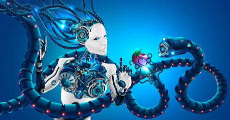 Beautiful robot woman with human face in profile, mechanical hands. Head of robot and artificial brain are connected by cables to cybernetic system. Artificial intelligence subjected to cyber attack.