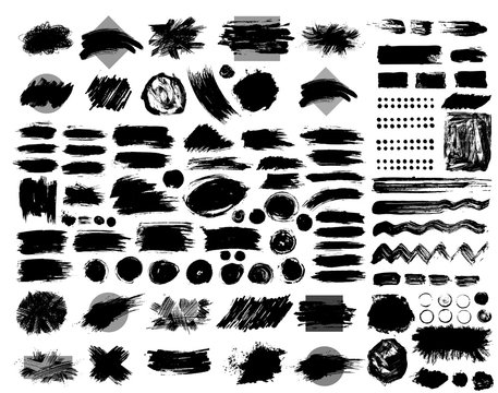 Collection of black paint, ink brush strokes, brushes, lines, grungy. Dirty artistic design elements, boxes, frames. Vector illustration. Isolated on white background. Freehand drawing