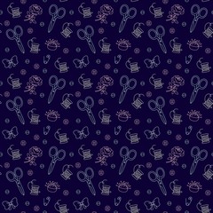 Seamless pattern with hand drawn sewing doodle. Fashion background in cute cartoon style. Needle bed, scissors, bows, buttons