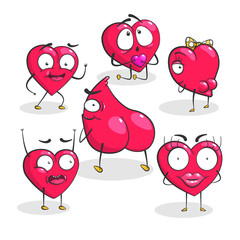 Collection of red vector hearts. Emotions of love. Hearts for Valentines Day. Characters isolated on white background.