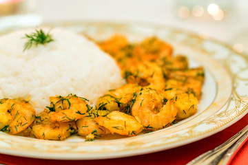 Close-up of prawn with rice