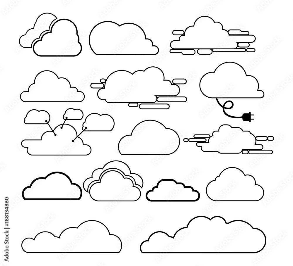 Poster set of clouds line art icon. storage solution element, databases, networking. software image, cloud 