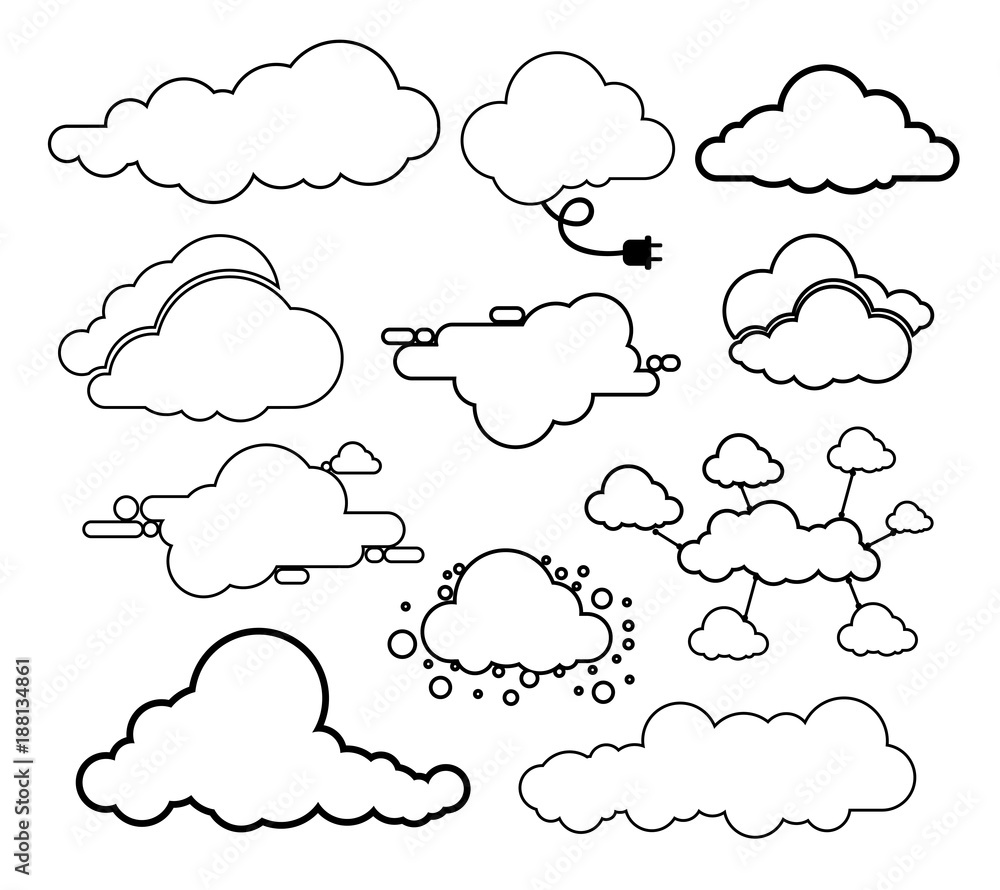 Poster set of clouds line art icon. storage solution element, databases, networking. software image, cloud 