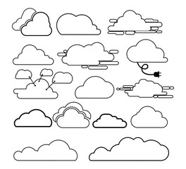 Set of clouds line art icon. Storage solution element, databases, networking. Software image, cloud and meteorology concept. Vector illustration. Isolated on white background