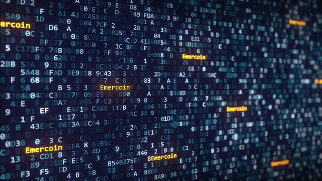 Emercoin captions appearing among changing hexadecimal symbols on a computer screen