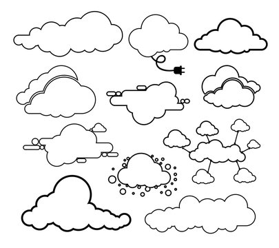 Set of clouds line art icon. Storage solution element, databases, networking. Software image, cloud and meteorology concept. Vector illustration. Isolated on white background