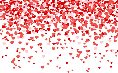 Heart confetti of Valentines petals falling on white background.