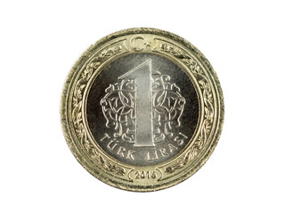 a metal turkish lira front face, insulated with white color, close-up