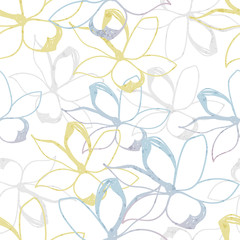 Floral seamless pattern. Pastel and gold doodles texture. Stylized sketch jasmine flowers. Great for fabric, wallpaper, wrapping paper, surface design, wedding invitation. Vector illustration