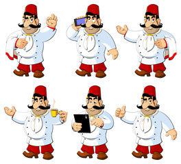 Cartoon chef in the Turkish national fez. A set of images.