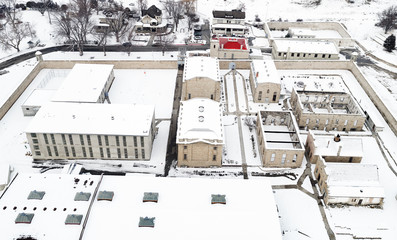 Idaho old Penitentiary aerial view with snow covered ground in winter