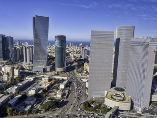sky line of Tel Aviv towers and aerial Azrieli, sarona, israel