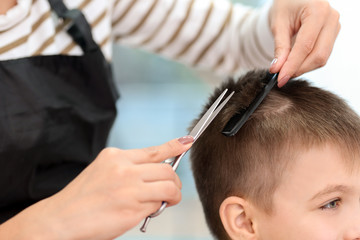 Fototapeta premium Female hairdresser working with little boy in salon, closeup