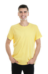 Young man in color t-shirt on white background. Mockup for design