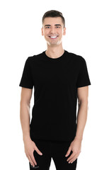 Fototapeta premium Young man in color t-shirt on white background. Mockup for design
