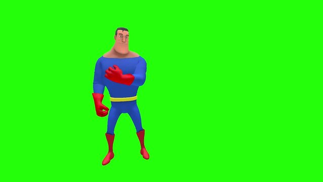 Happy humorous animated superhero strongman cartoon character in front of green screen makes backhand sweeping motion gesture with left hand multiple times