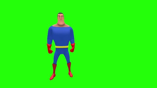 Happy silly animated superhero strongman cartoon character laughs leaning back with hands on hips multiple times in front of green screen 