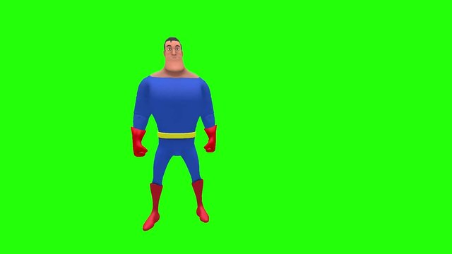 Happy silly animated superhero strongman cartoon character gestures to left side with arm multiple times in front of green screen 