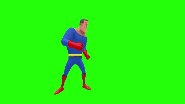 Happy silly animated superhero strongman cartoon character looks around to the right then left sides multiple times in front of green screen