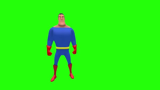 Happy cheerful animated superhero strongman cartoon character gestures to right side with arm multiple times in front of green screen background
