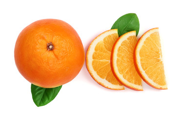 Orange with slice and leaf isolated on the white background. Flat lay pattern. Top view