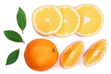 Orange with slice and leaf isolated on the white background. Flat lay pattern. Top view
