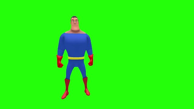 Happy animated superhero strongman cartoon character gestures clawing motion with both hands out in front multiple times in front of green screen background