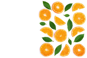 slices of tangerine with leaves isolated on white background with copy space for your text. Flat lay, top view.