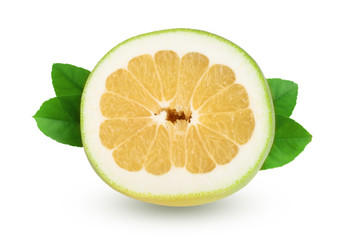slice of Citrus Sweetie or Pomelit, oroblanco with leaf isolated on white background close-up