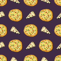 Pizza seamless pattern hand drawn sketch. Whole pizza and slice doodles Food background. Vector illustration