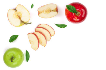 Naklejka premium red and green apples with slices and leaves isolated on white background with copy space for your text, top view